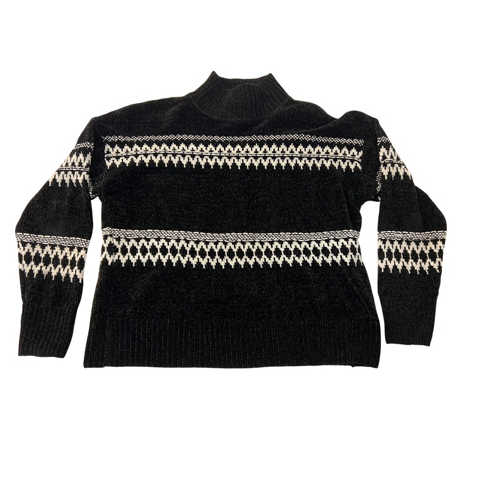 Christian Siriano New York Black Chenille Mock Neck Fair Isle Sweater L